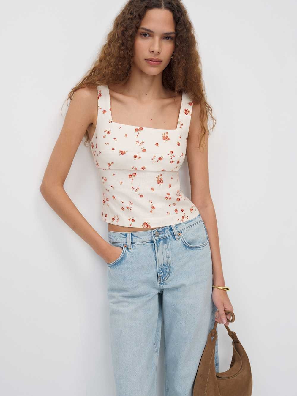 NEW REFORMATION Clarence Lovie Linen Top Ivory Floral Square-Neck Tank